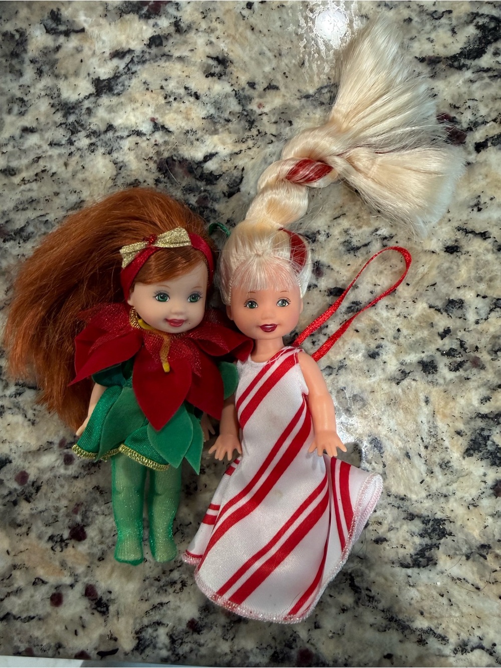 Barbie set of two Holiday Candy Cane and Poinsettia Kids Costume Dolls EUC